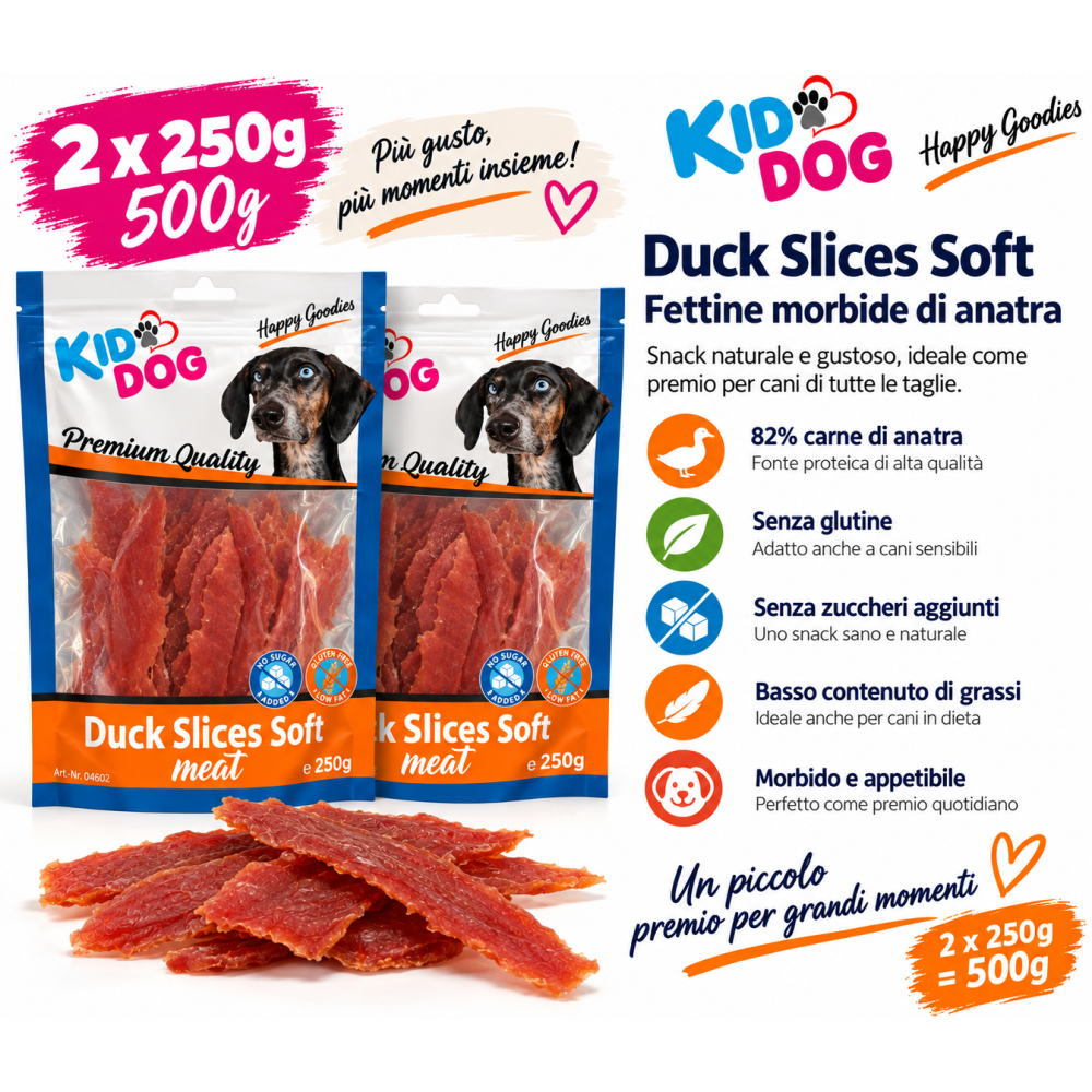 Kid Dog Duck Slices Soft 500 g – Snack all’Anatra per Cani
